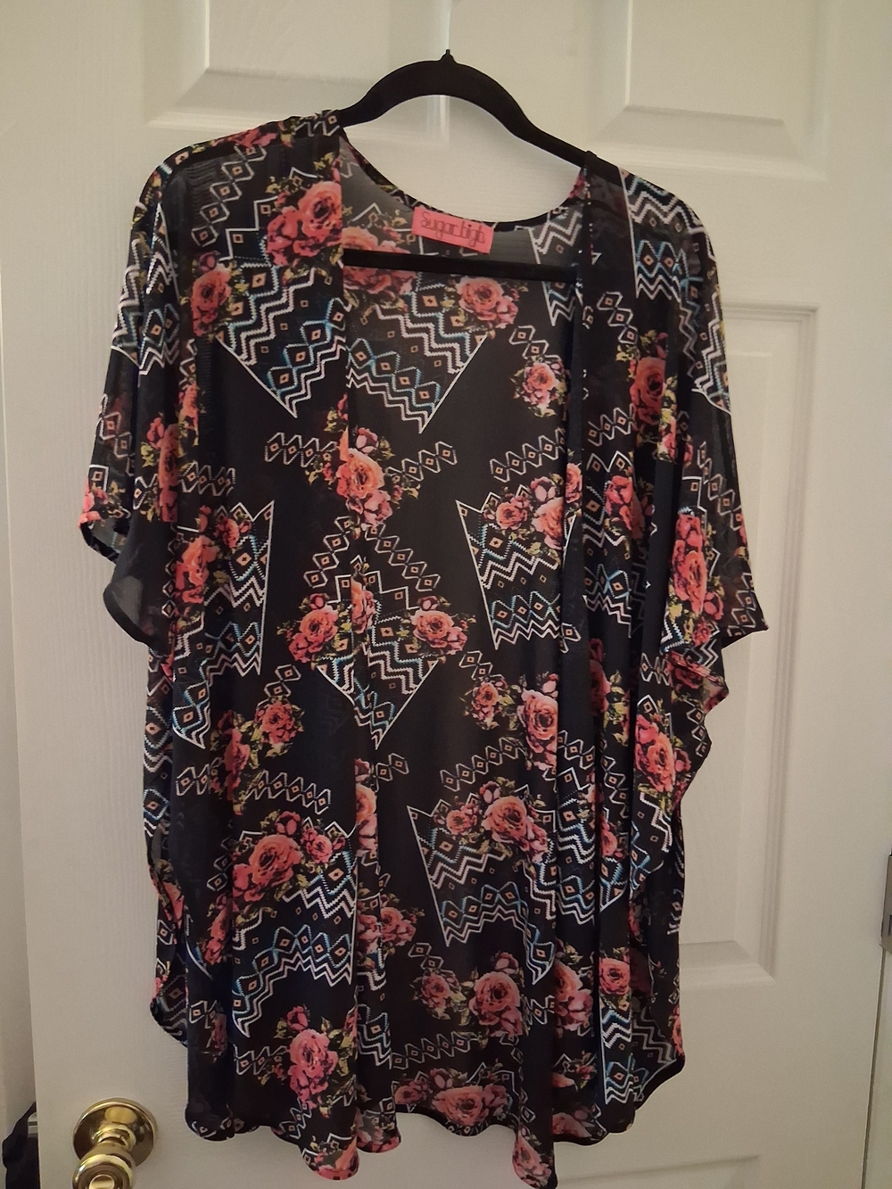 Sugar High Black Kimono Cardigan with Pink Floral and Blue Geometric Pattern